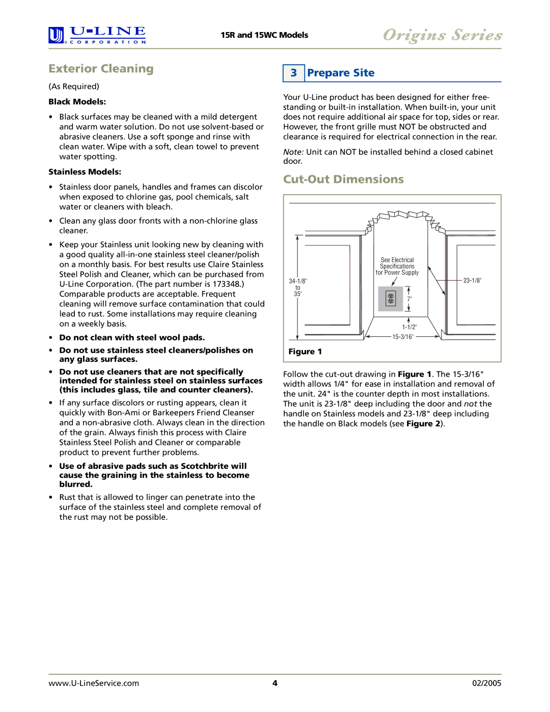 U-Line 15WC, 15R manual Exterior Cleaning, Cut-Out Dimensions, Prepare Site 