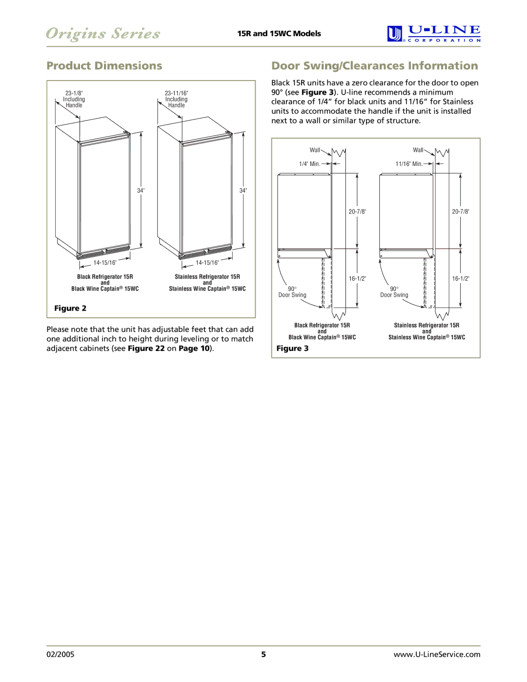 U-Line 15R, 15WC manual Product Dimensions, Door Swing/Clearances Information 