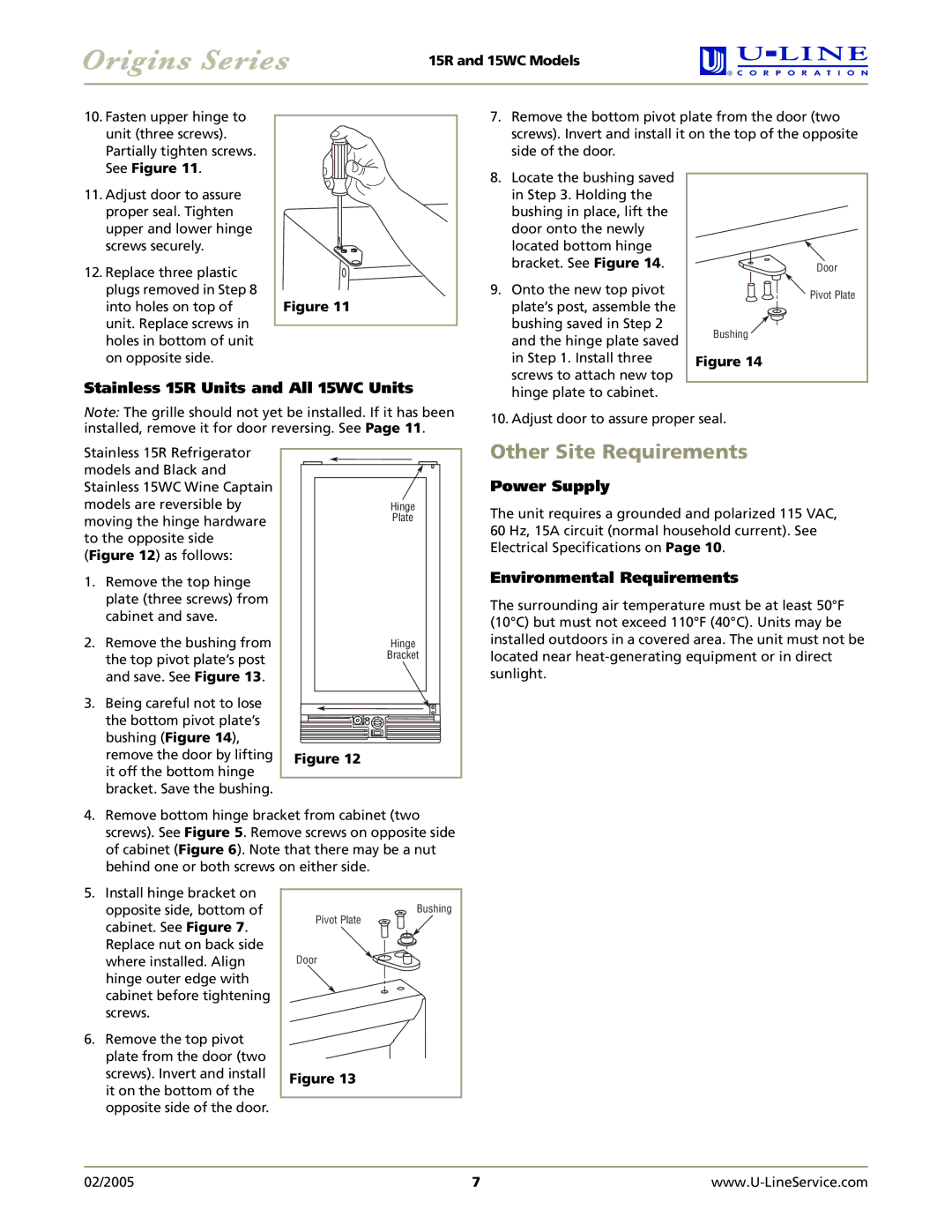 U-Line manual Other Site Requirements, Stainless 15R Units and All 15WC Units, Power Supply, Environmental Requirements 