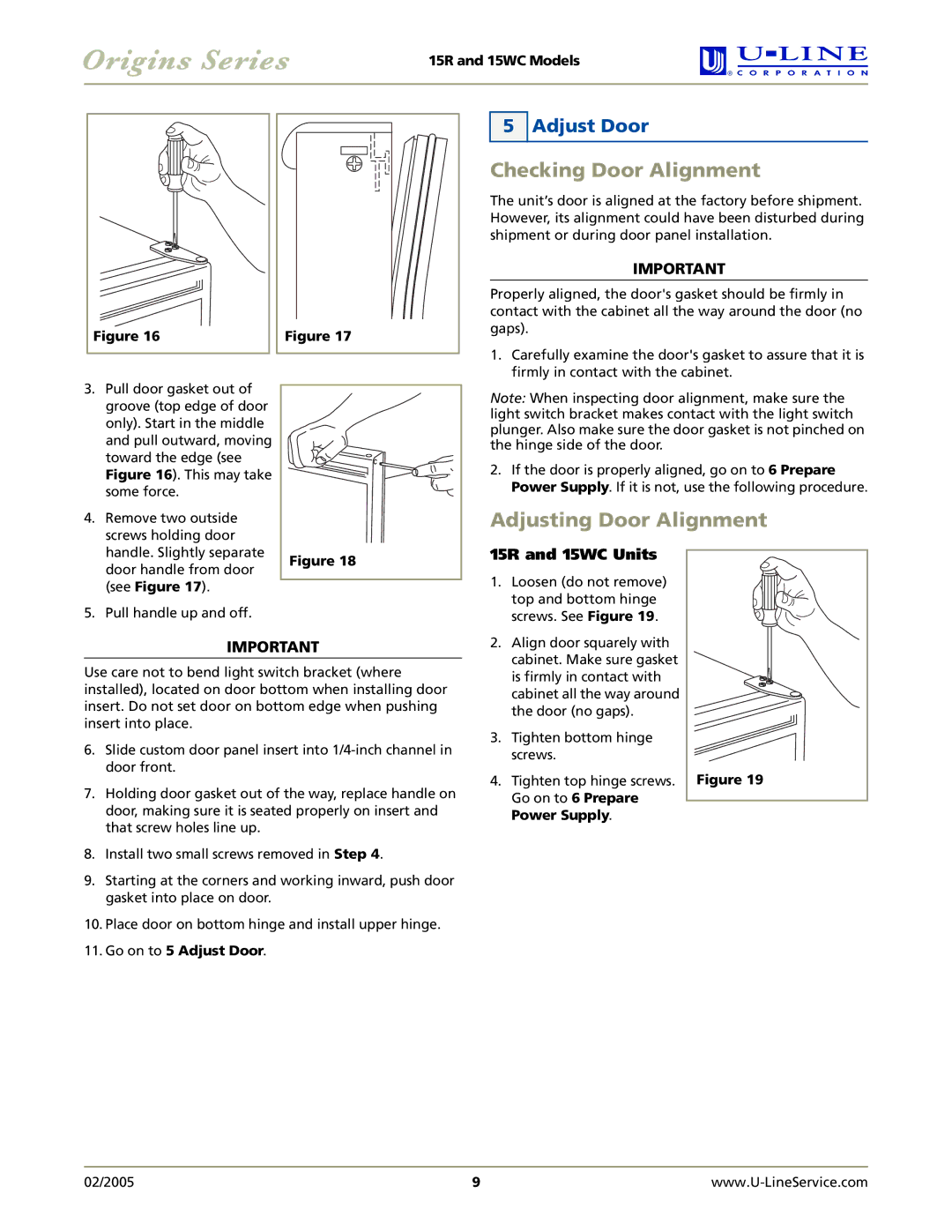 U-Line manual Checking Door Alignment, Adjusting Door Alignment, Adjust Door, 15R and 15WC Units 