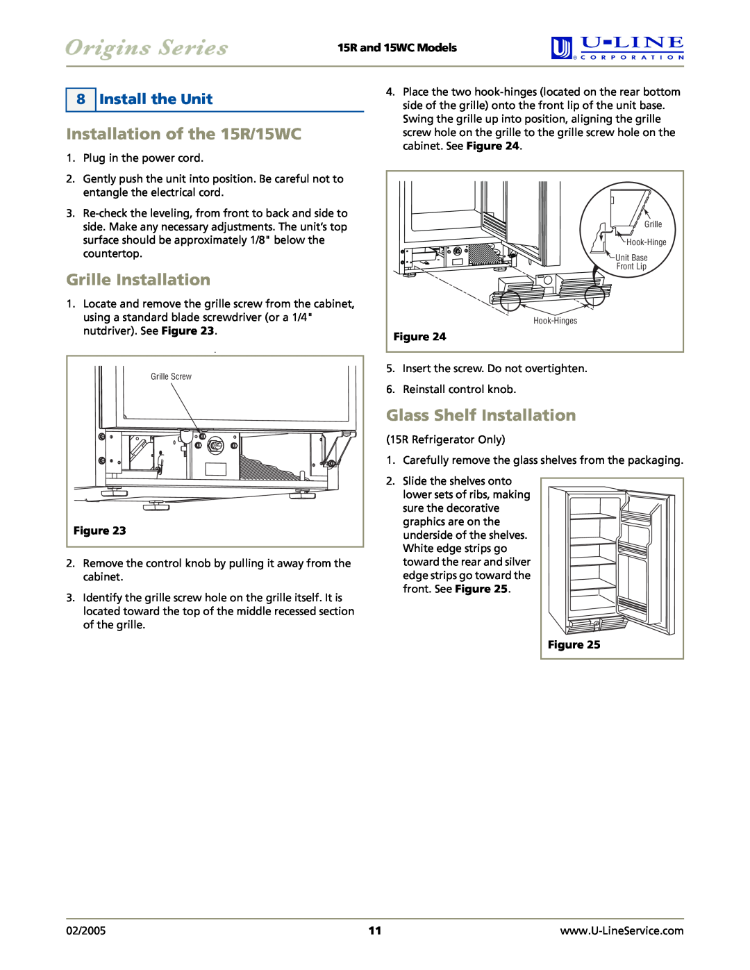 U-Line manual Installation of the 15R/15WC, Grille Installation, Glass Shelf Installation, Install the Unit 