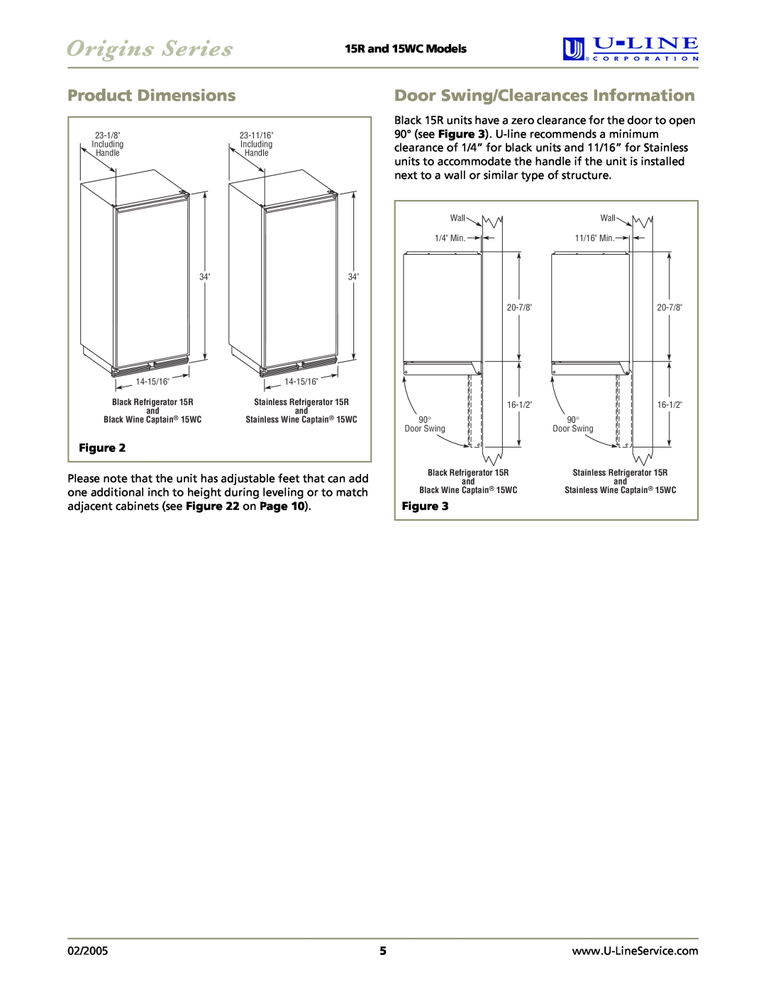U-Line manual Product Dimensions, Door Swing/Clearances Information, 15R and 15WC Models 