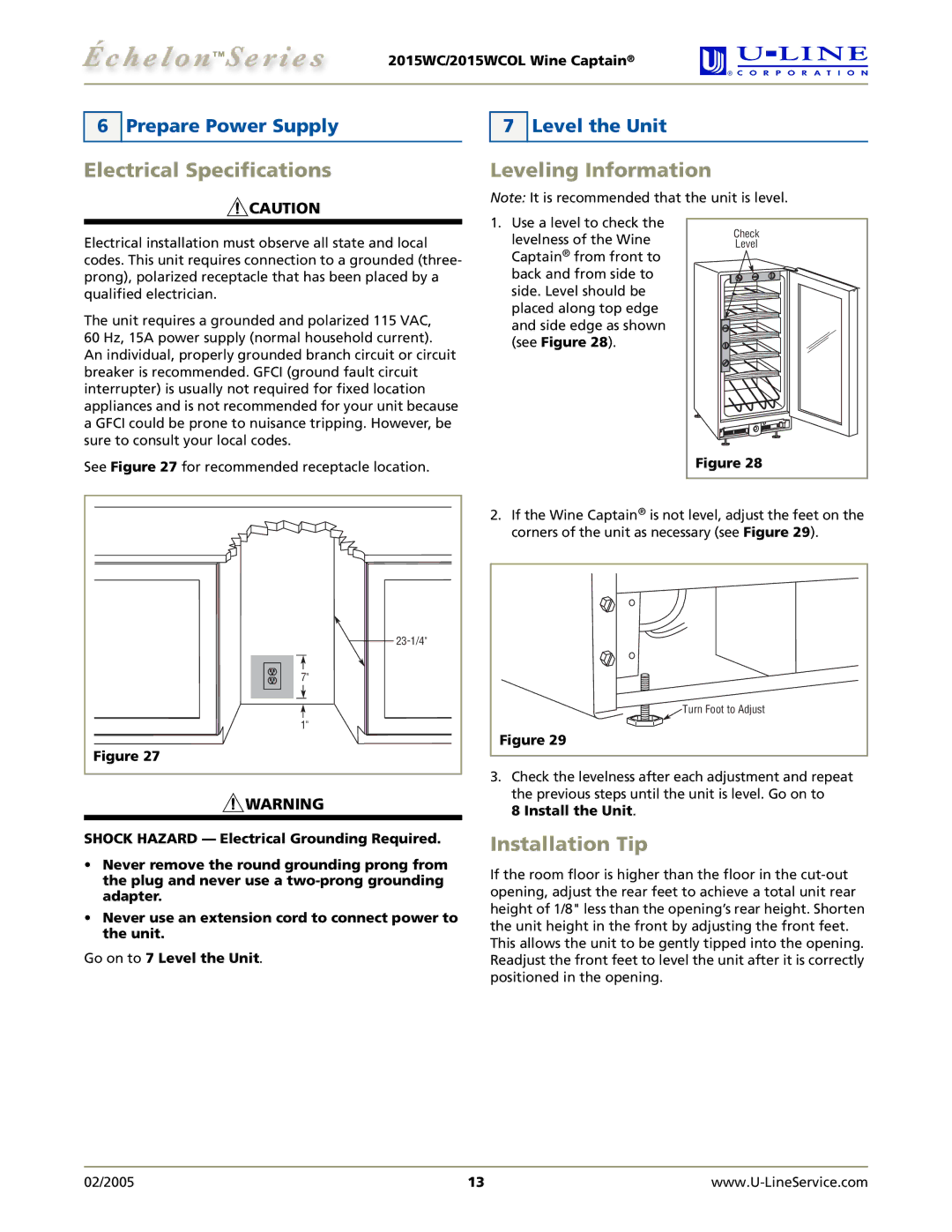 U-Line 2015WCOL Electrical Specifications Leveling Information, Installation Tip, Prepare Power Supply Level the Unit 