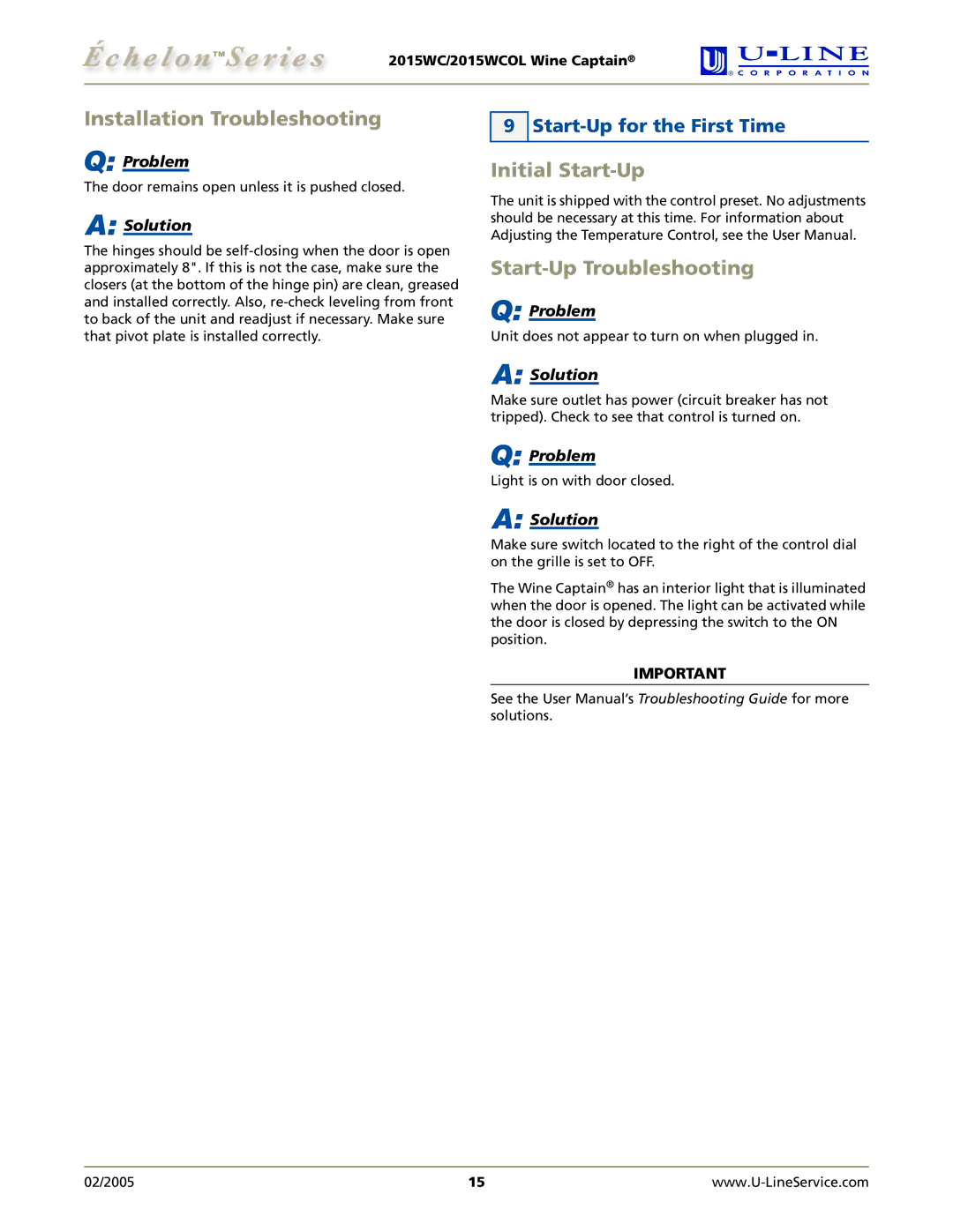 U-Line 2015WCOL manual Installation Troubleshooting, Initial Start-Up Start-Up Troubleshooting, Start-Up for the First Time 