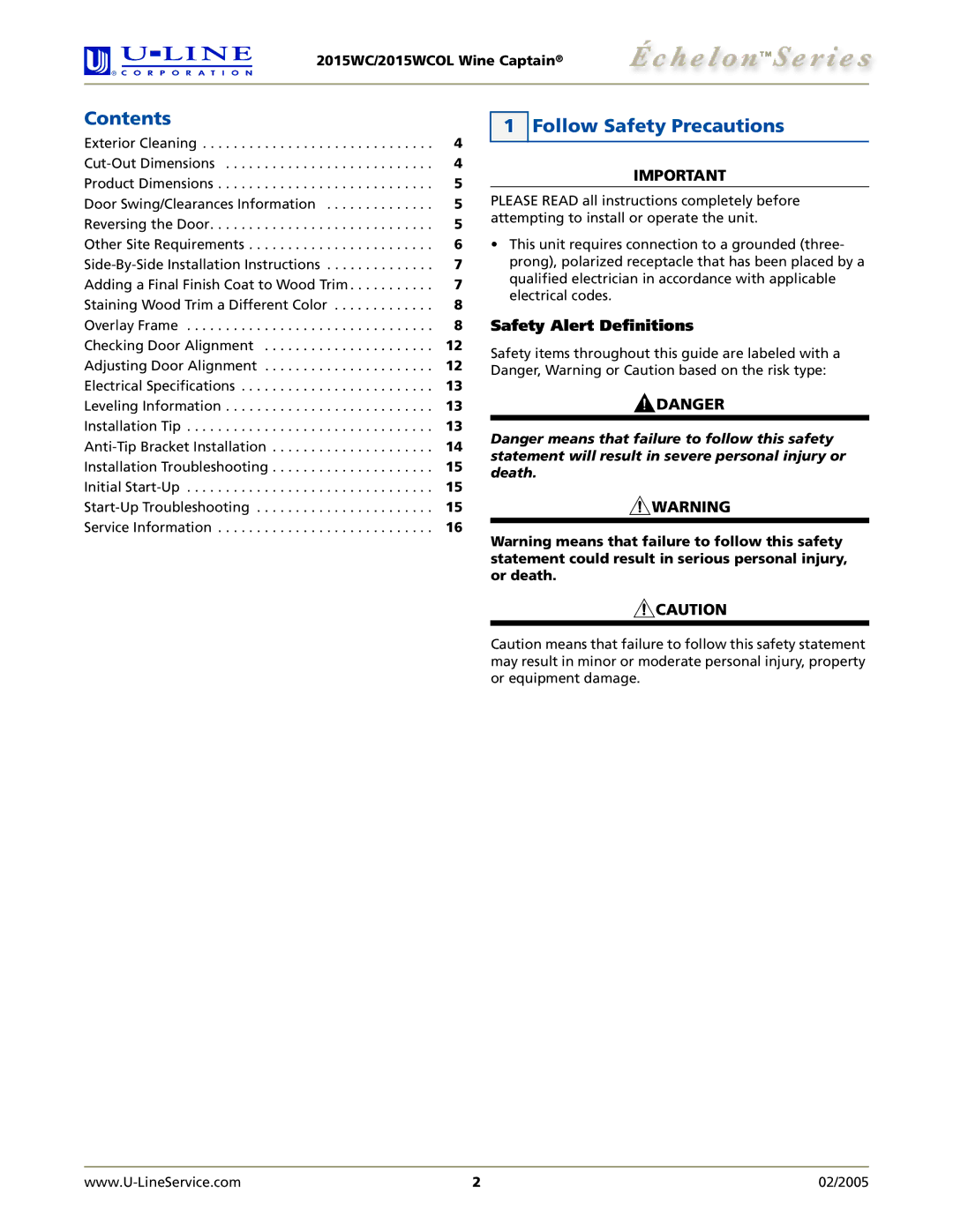 U-Line 2015WCOL manual Contents, Follow Safety Precautions 