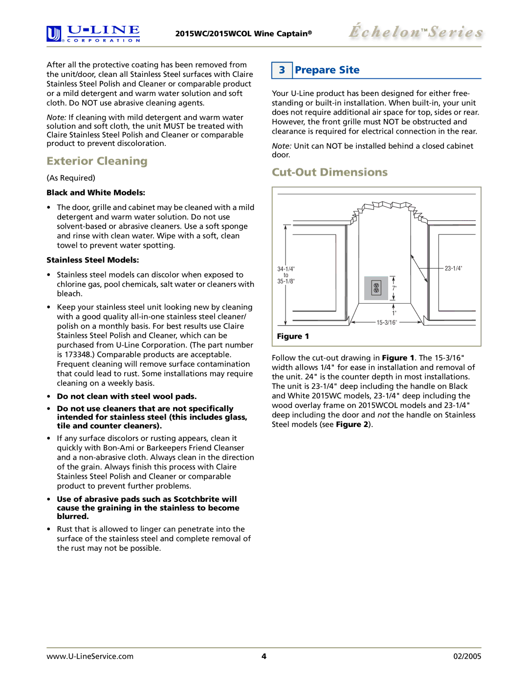 U-Line 2015WCOL manual Exterior Cleaning, Cut-Out Dimensions, Prepare Site 