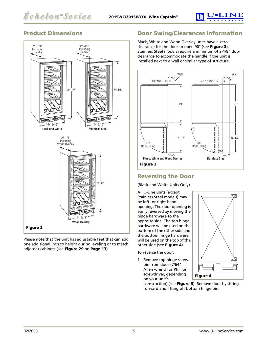 U-Line 2015WCOL manual Product Dimensions, Door Swing/Clearances Information, Reversing the Door 