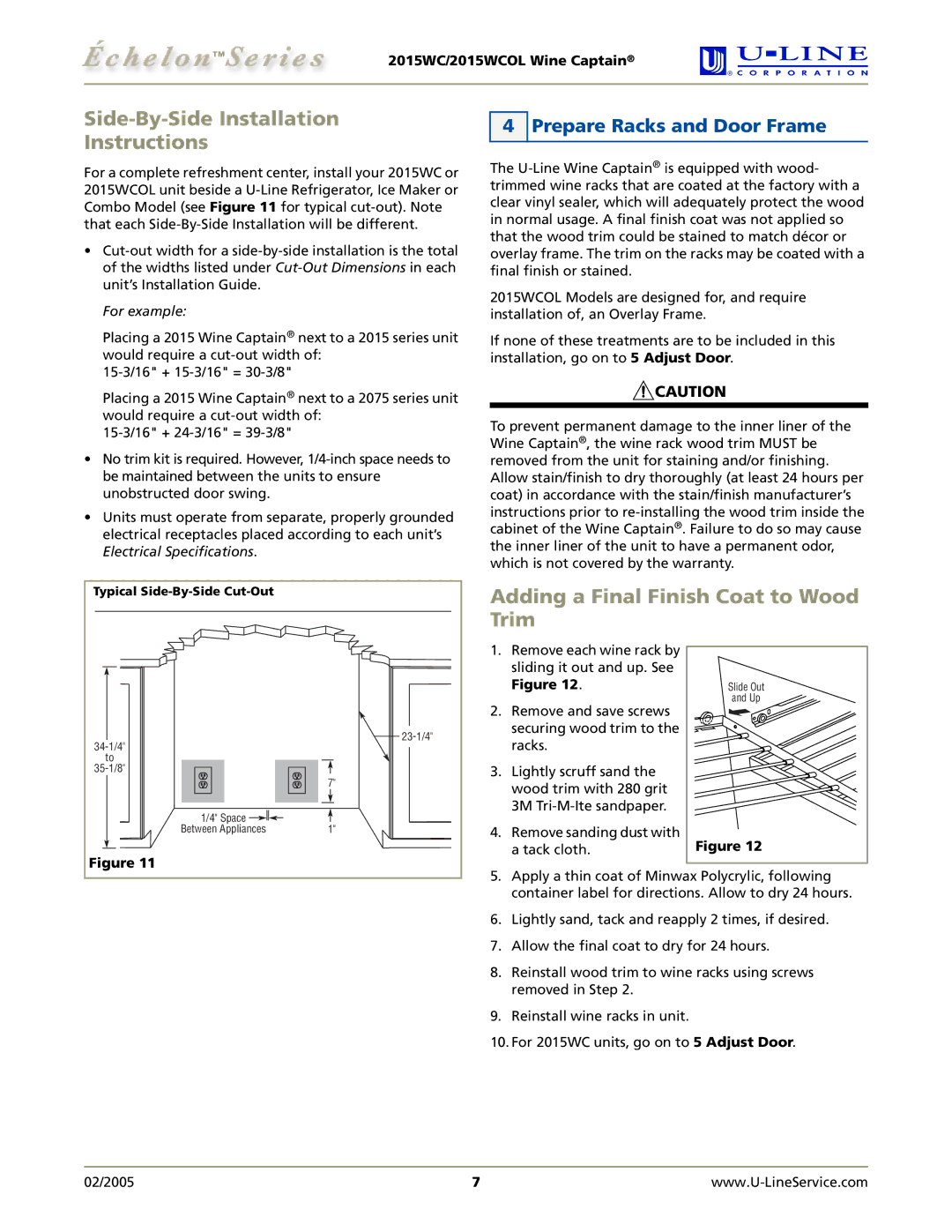 U-Line 2015WCOL manual Side-By-Side Installation Instructions, Adding a Final Finish Coat to Wood Trim 