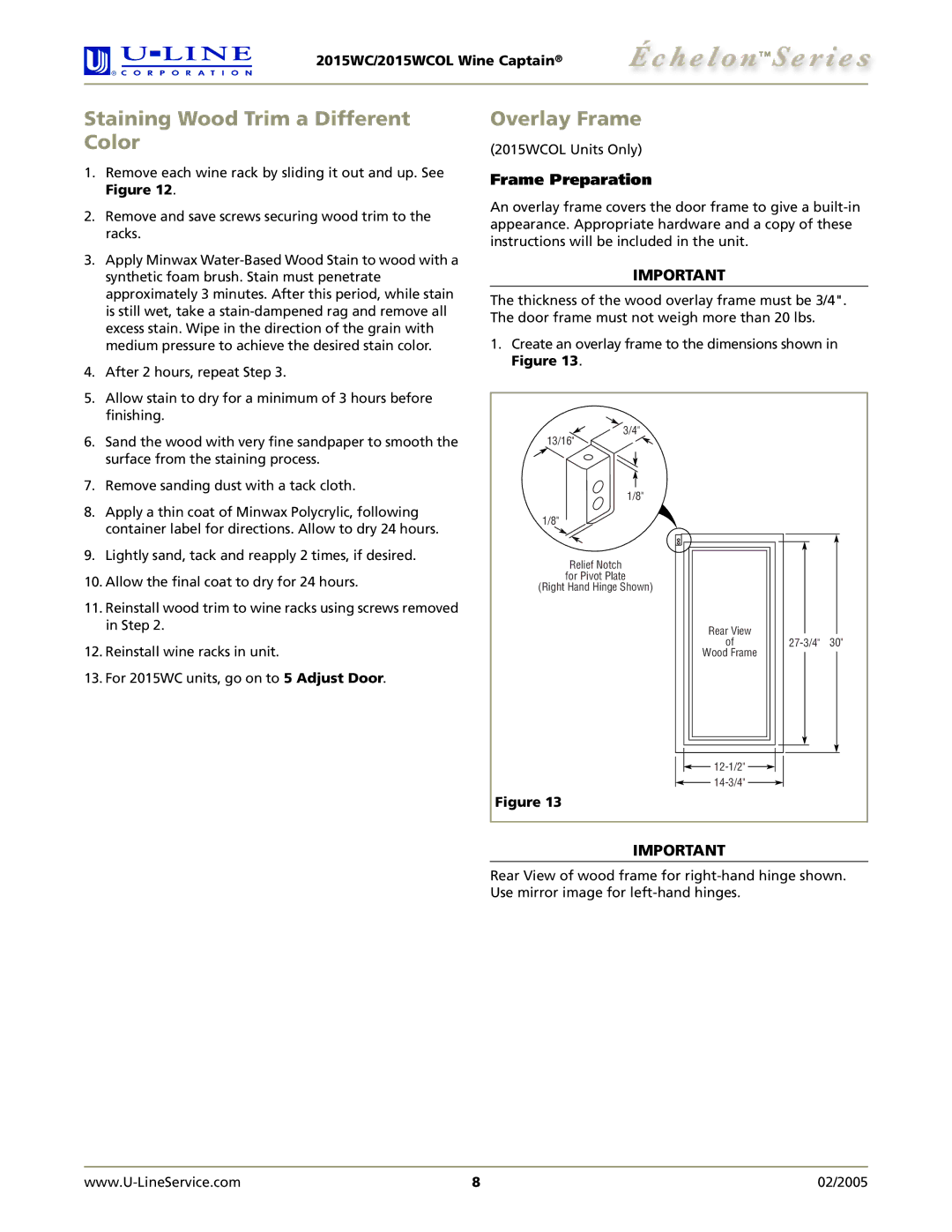 U-Line 2015WCOL manual Staining Wood Trim a Different Color, Overlay Frame, Frame Preparation 