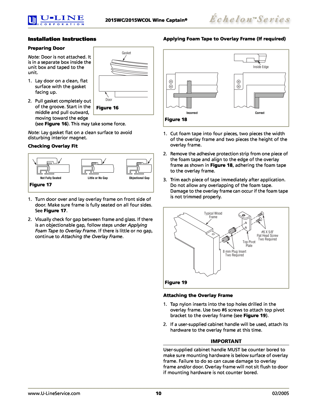 U-Line 2015WC manual Installation Instructions, Preparing Door, Checking Overlay Fit, Figure Attaching the Overlay Frame 