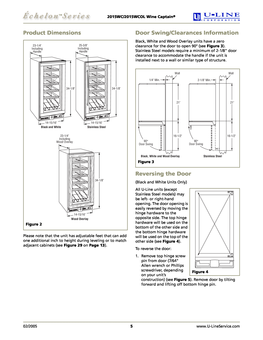 U-Line manual Product Dimensions, Door Swing/Clearances Information, Reversing the Door, 2015WC/2015WCOL Wine Captain 
