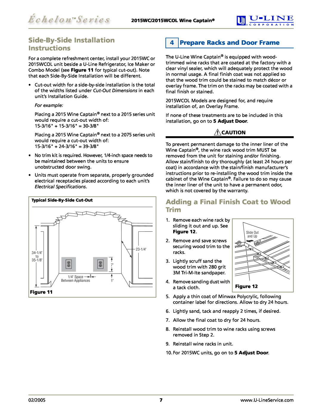 U-Line 2015WCOL manual Side-By-SideInstallation Instructions, Adding a Final Finish Coat to Wood Trim, For example 