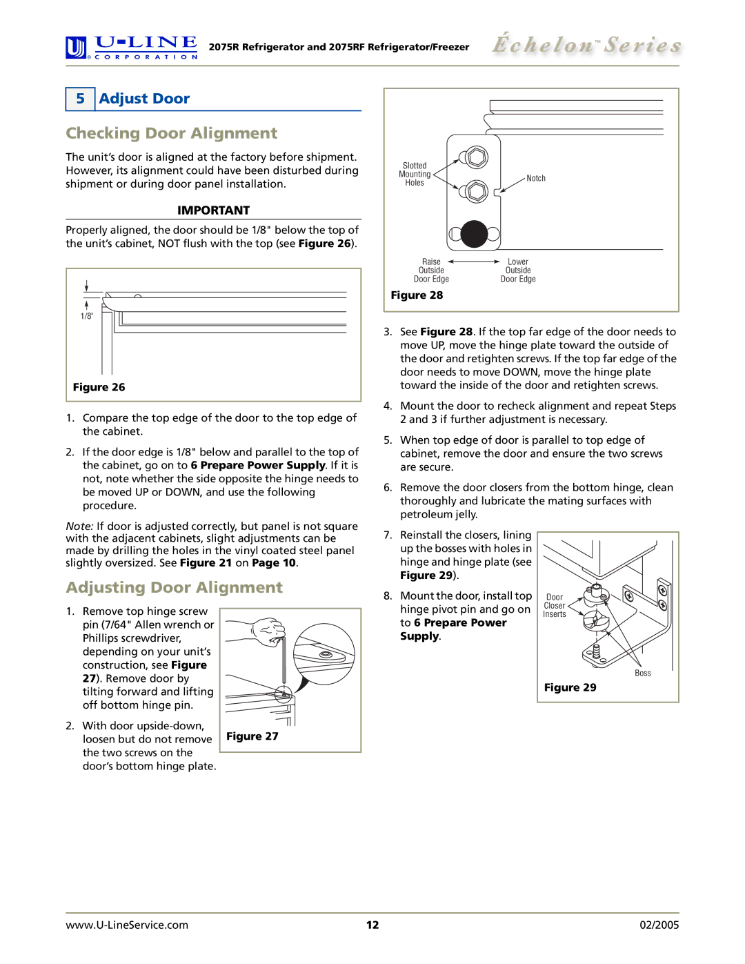 U-Line 2075RF manual Checking Door Alignment, Adjusting Door Alignment, Adjust Door, To 6 Prepare Power, Supply 