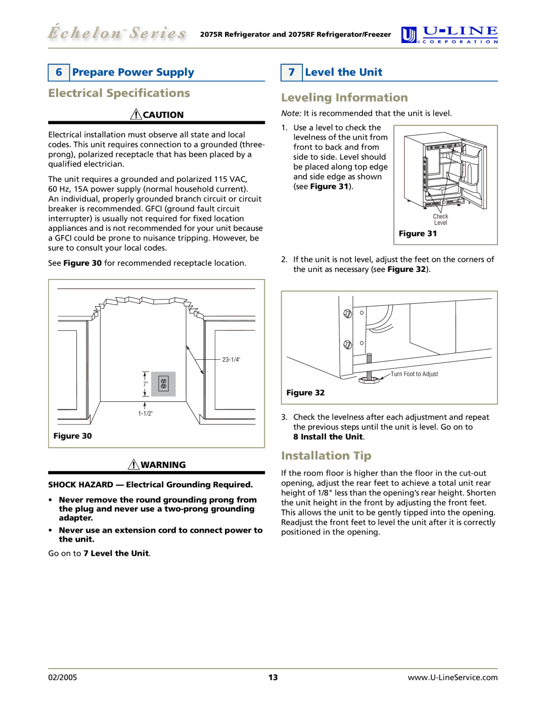 U-Line 2075RF Electrical Specifications, Leveling Information, Installation Tip, Prepare Power Supply, Level the Unit 