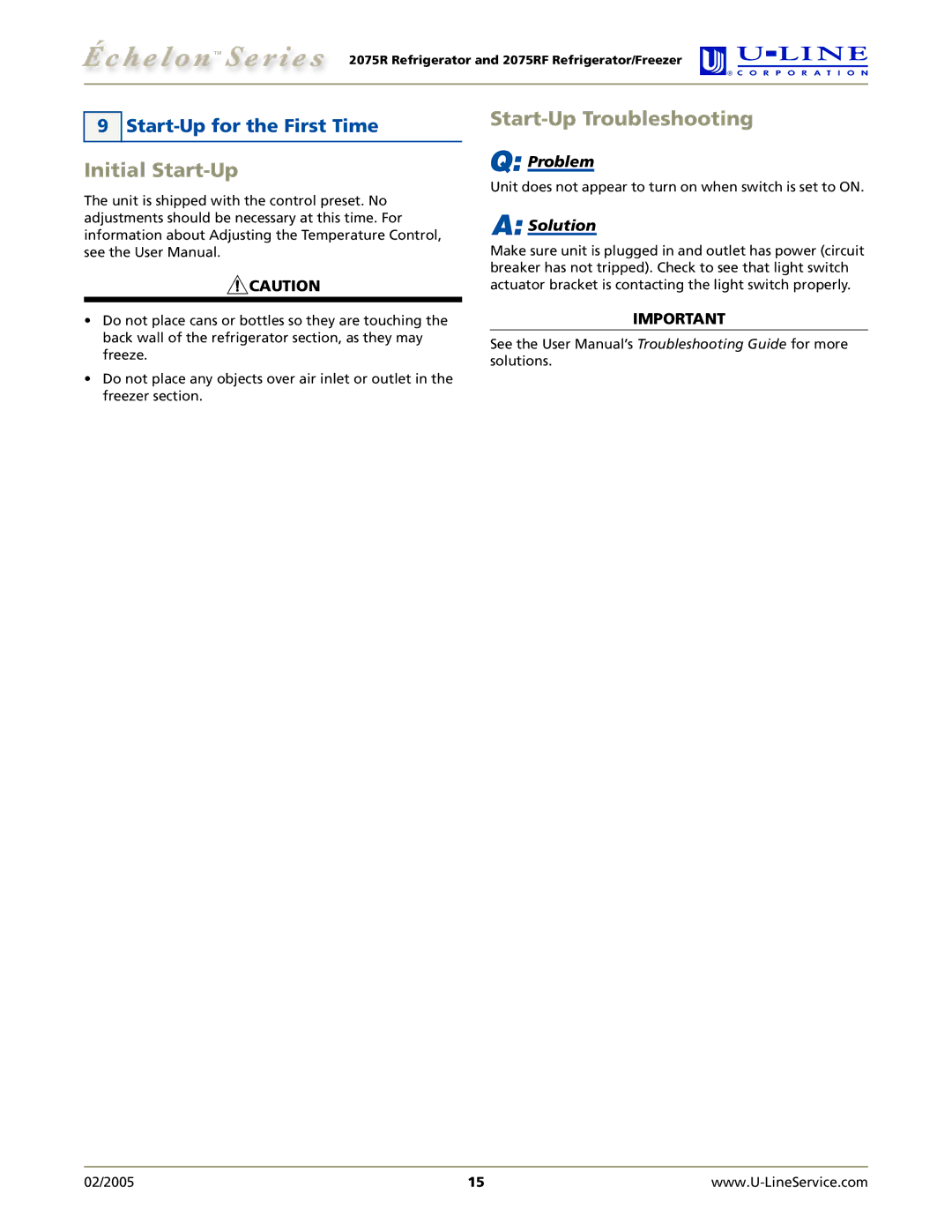 U-Line 2075RF manual Initial Start-Up, Start-Up Troubleshooting, Start-Up for the First Time 