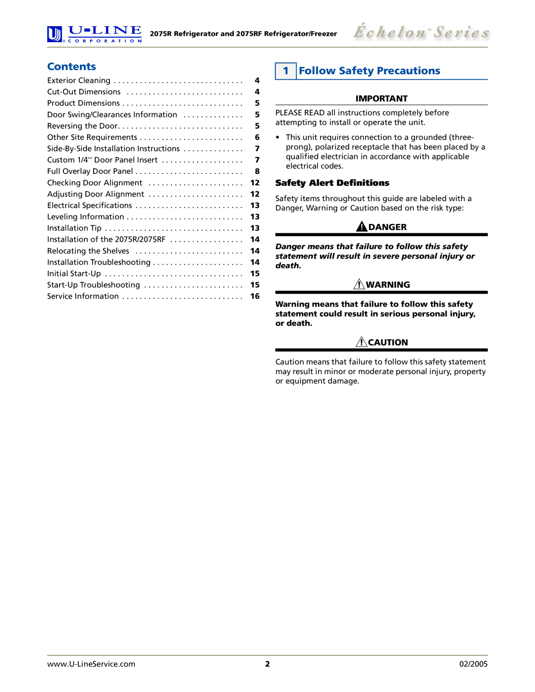 U-Line 2075RF manual Contents, Follow Safety Precautions 