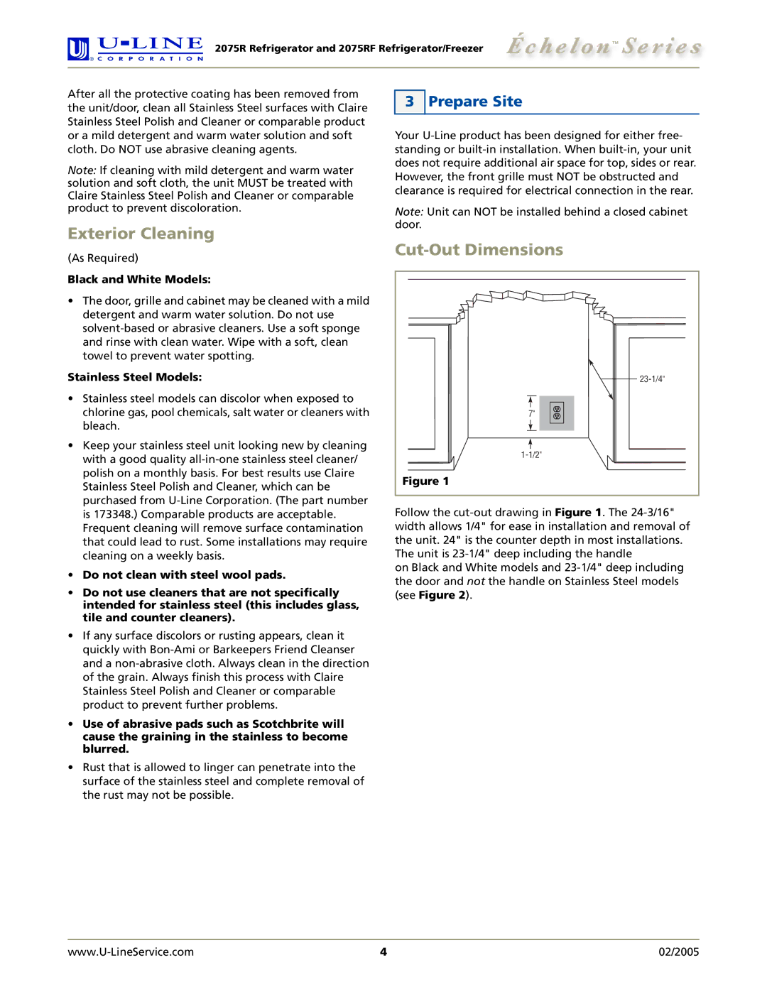 U-Line 2075RF manual Exterior Cleaning, Cut-Out Dimensions, Prepare Site, Black and White Models, Stainless Steel Models 