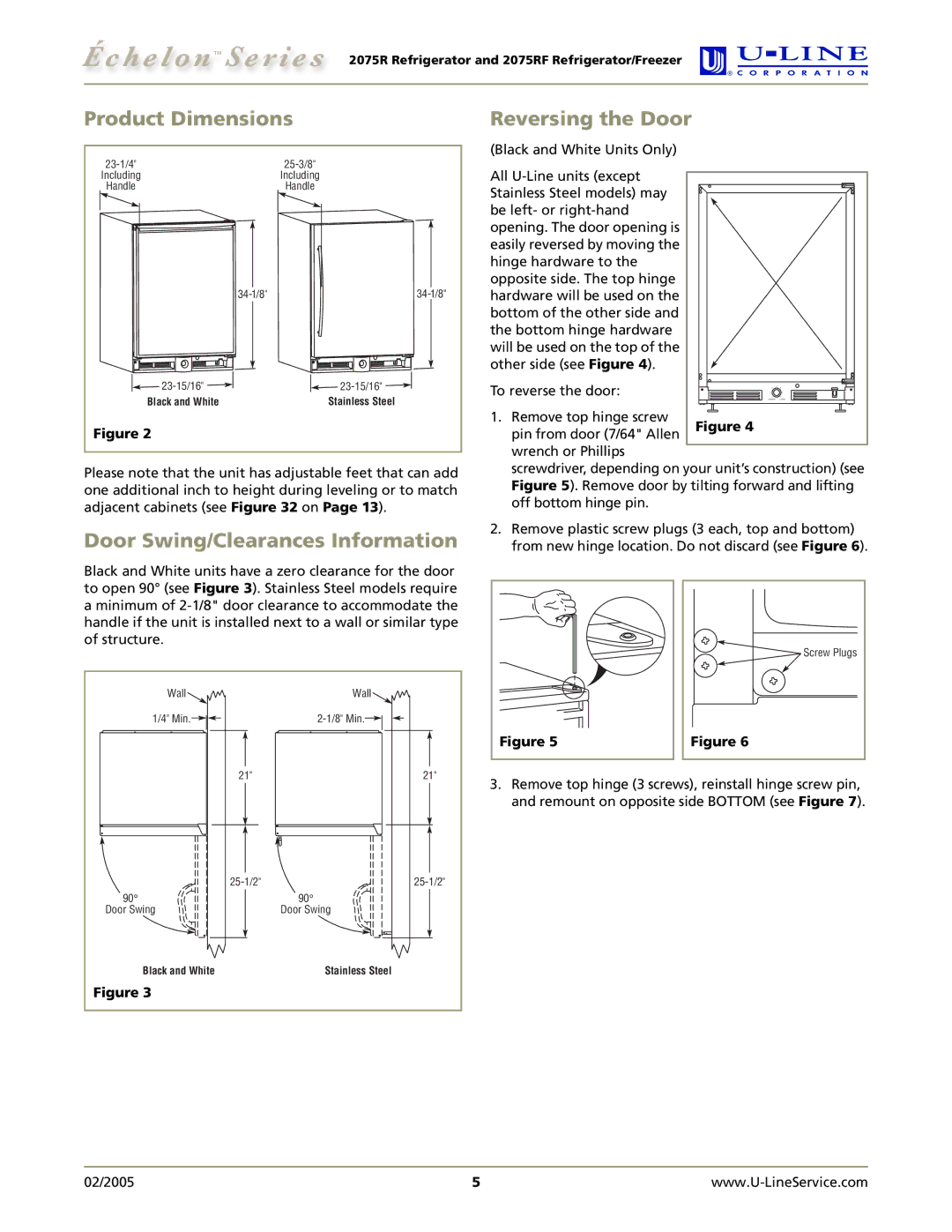 U-Line 2075RF manual Product Dimensions, Door Swing/Clearances Information Reversing the Door 