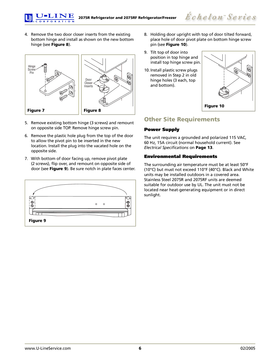 U-Line 2075RF manual Other Site Requirements, Power Supply, Environmental Requirements 