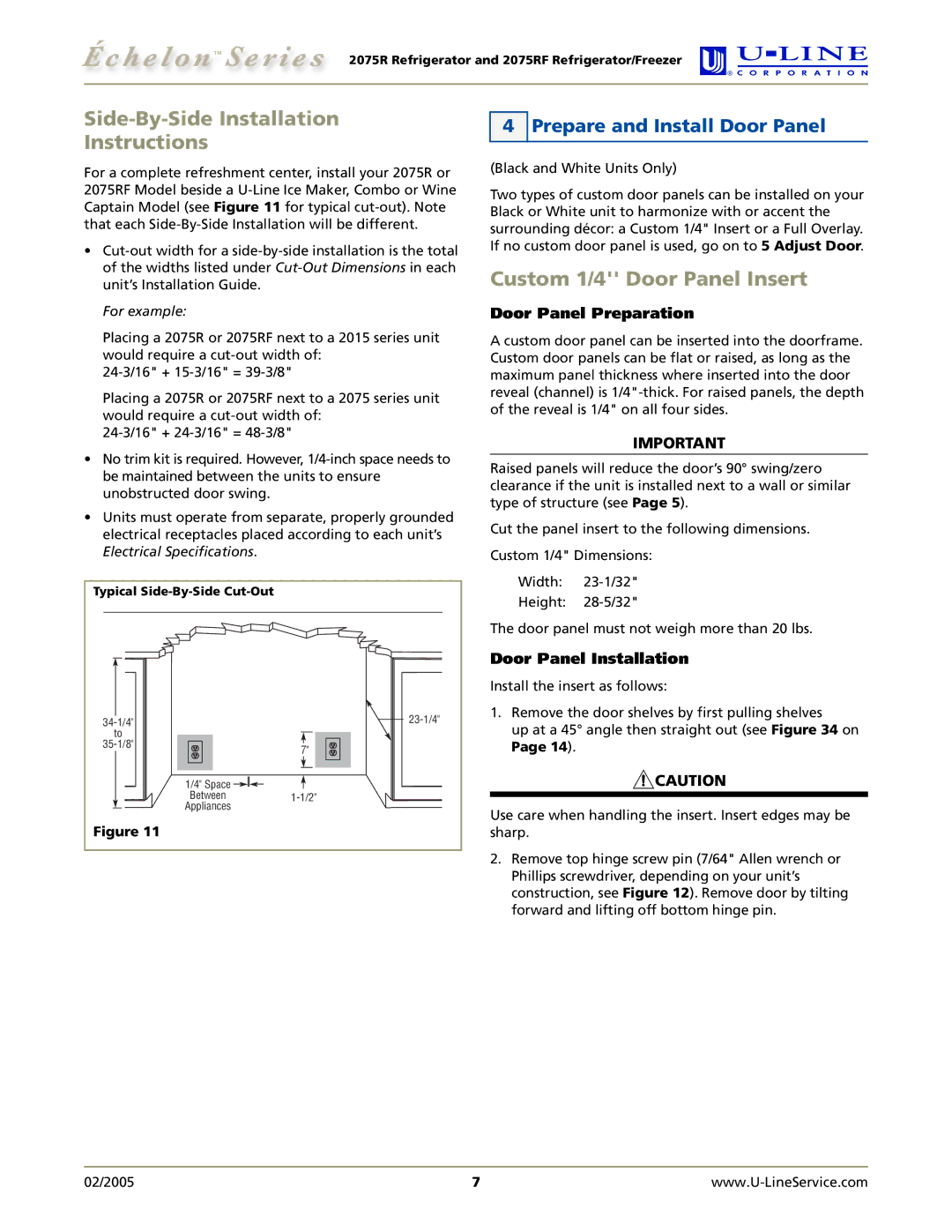 U-Line 2075RF manual Side-By-Side Installation Instructions, Custom 1/4 Door Panel Insert, Prepare and Install Door Panel 