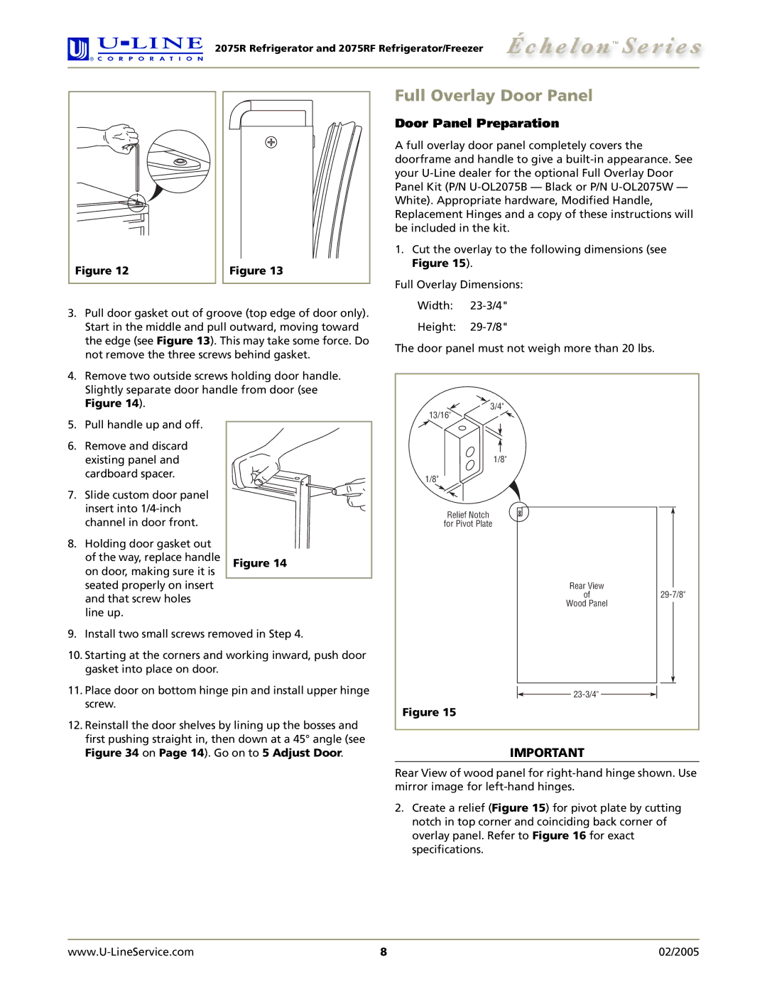 U-Line 2075RF manual Full Overlay Door Panel 