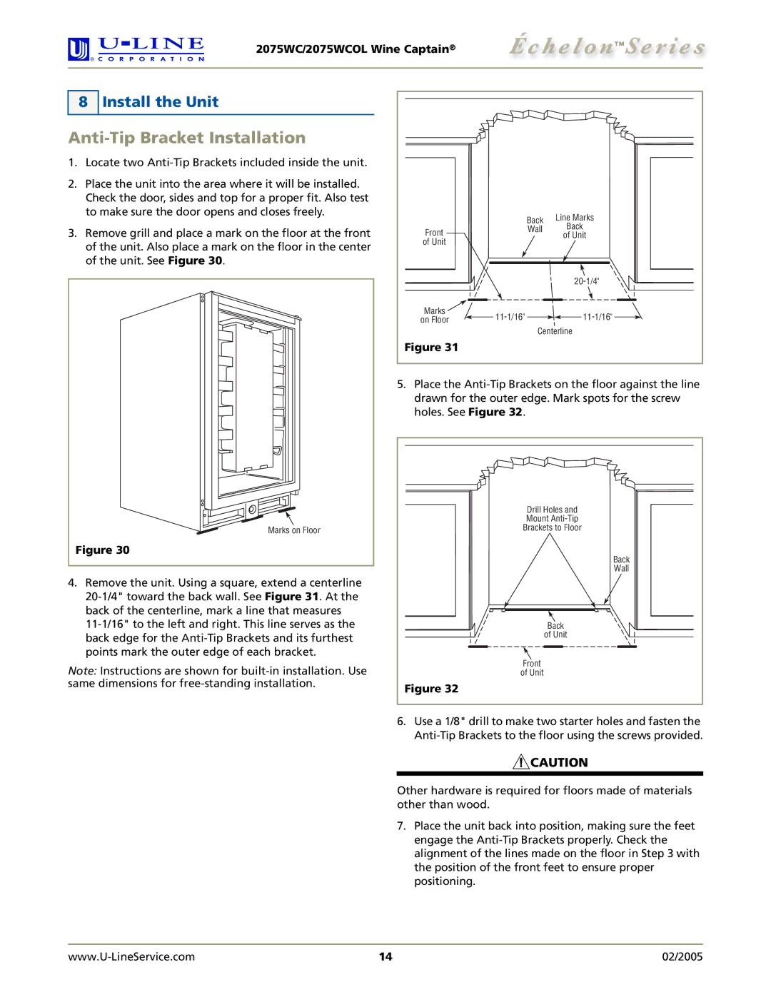 U-Line 2075WCOL manual Anti-Tip Bracket Installation, Install the Unit 