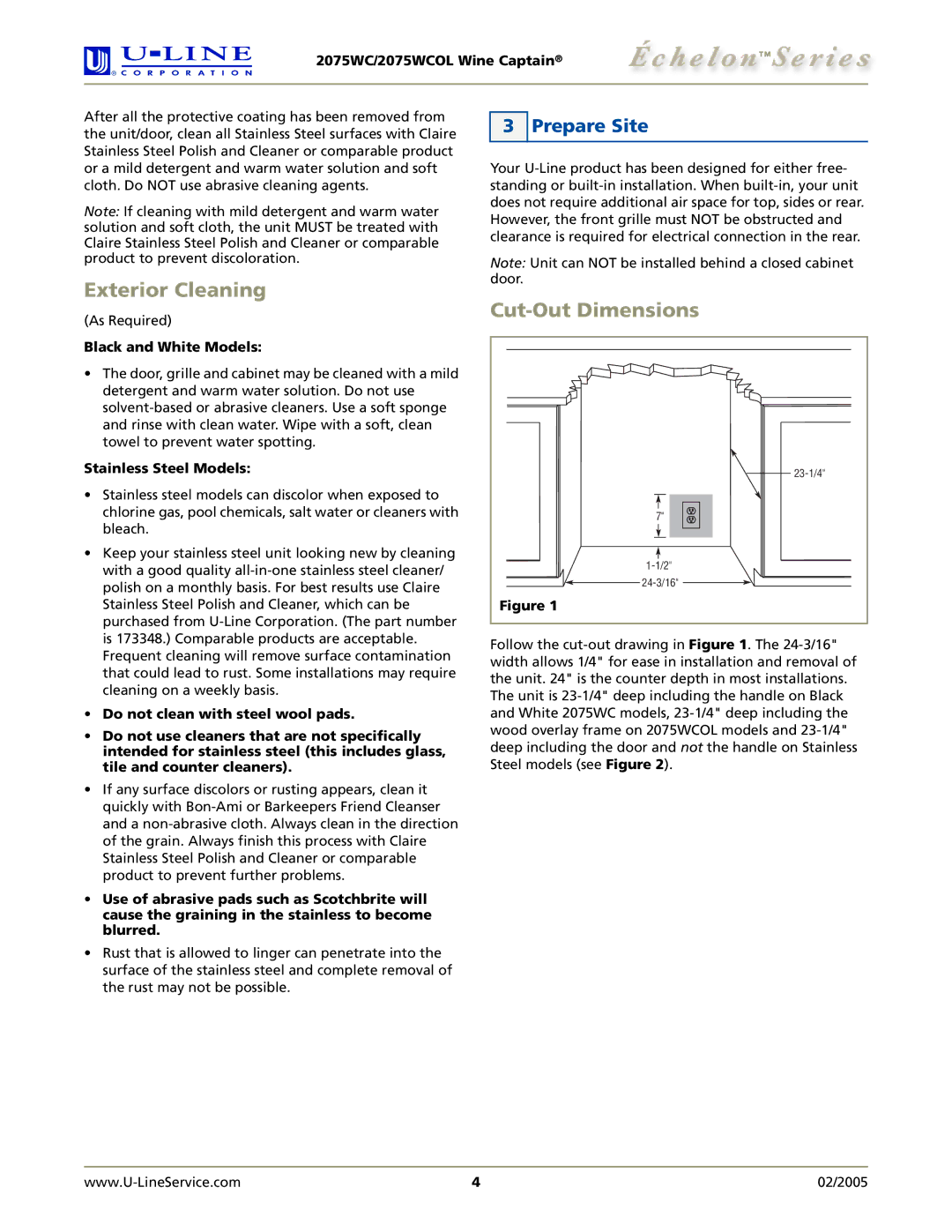 U-Line 2075WCOL manual Exterior Cleaning, Cut-Out Dimensions, Prepare Site 