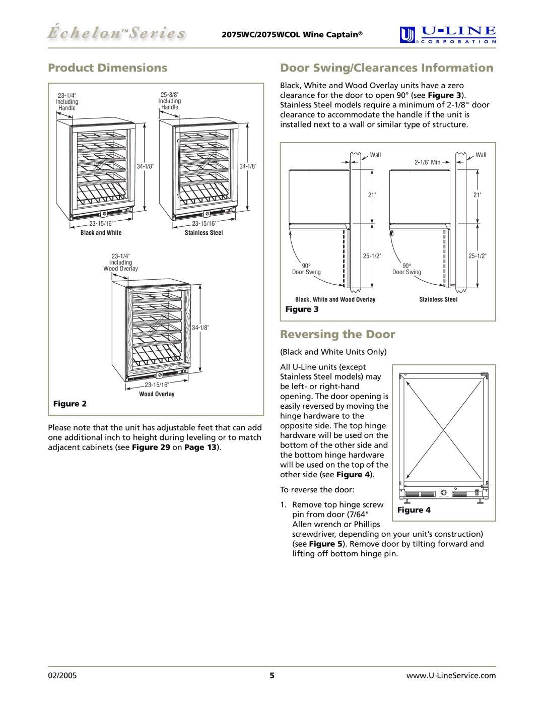 U-Line 2075WCOL manual Product Dimensions, Door Swing/Clearances Information, Reversing the Door 