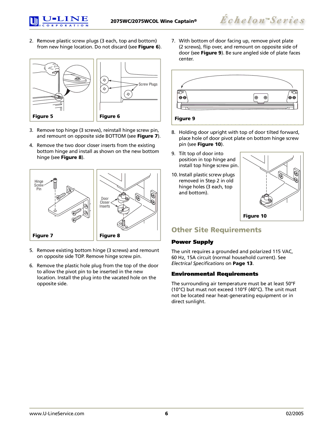 U-Line 2075WCOL manual Other Site Requirements, Power Supply, Environmental Requirements 