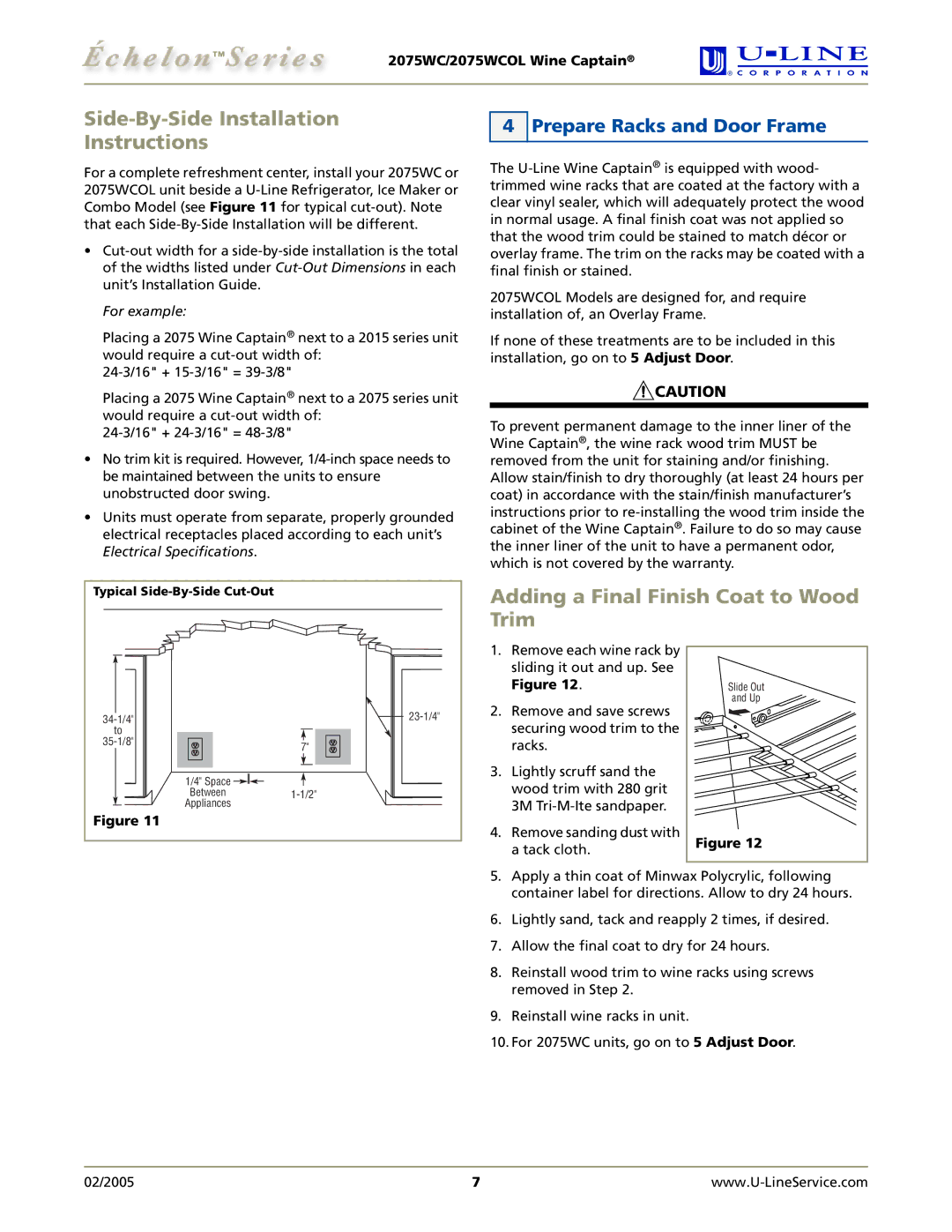 U-Line 2075WCOL manual Side-By-Side Installation Instructions, Adding a Final Finish Coat to Wood Trim 