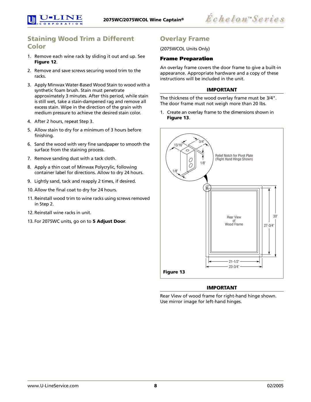 U-Line 2075WCOL manual Staining Wood Trim a Different Color, Overlay Frame, Frame Preparation 