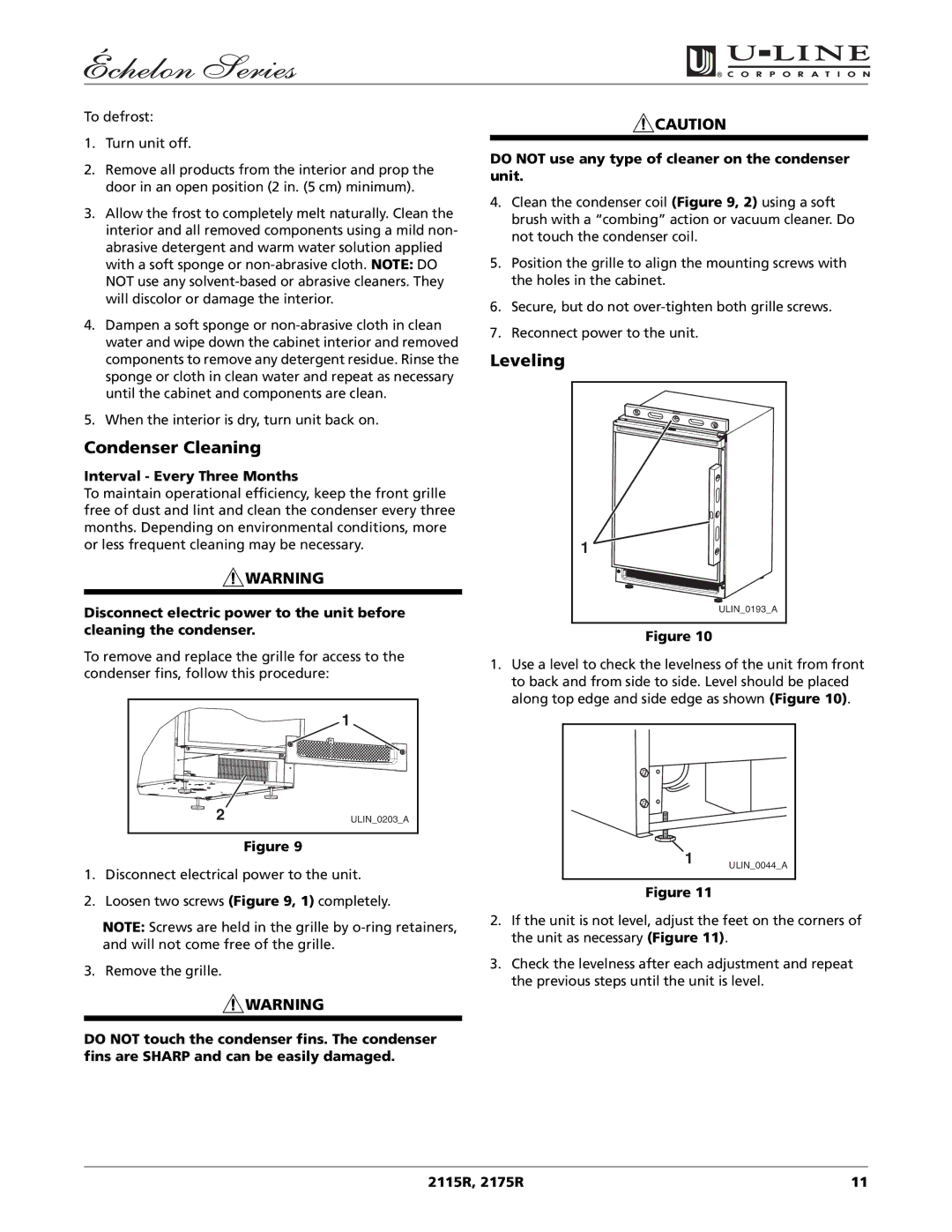 U-Line 2115R manual Condenser Cleaning, Leveling 