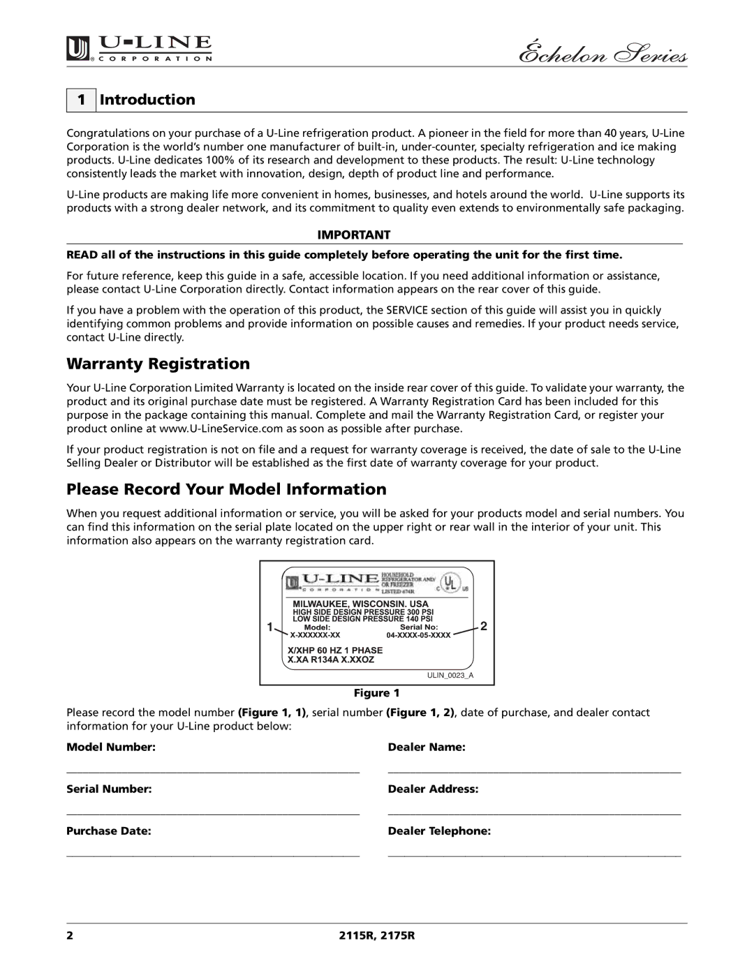 U-Line 2115R manual Warranty Registration, Please Record Your Model Information, Introduction 