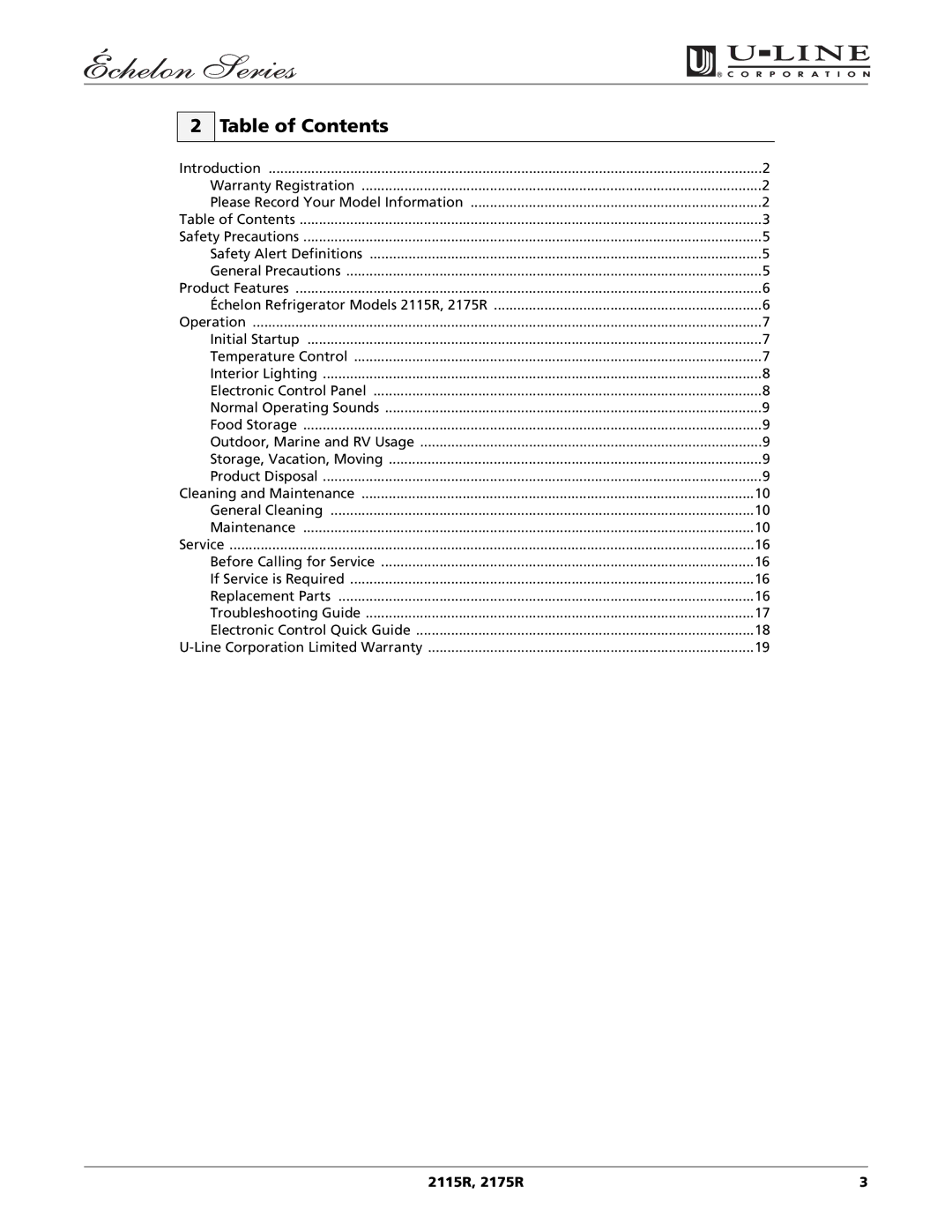 U-Line 2115R manual Table of Contents 