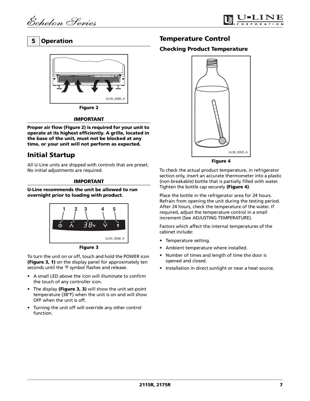 U-Line 2115R manual Initial Startup, Temperature Control, Operation, Checking Product Temperature 