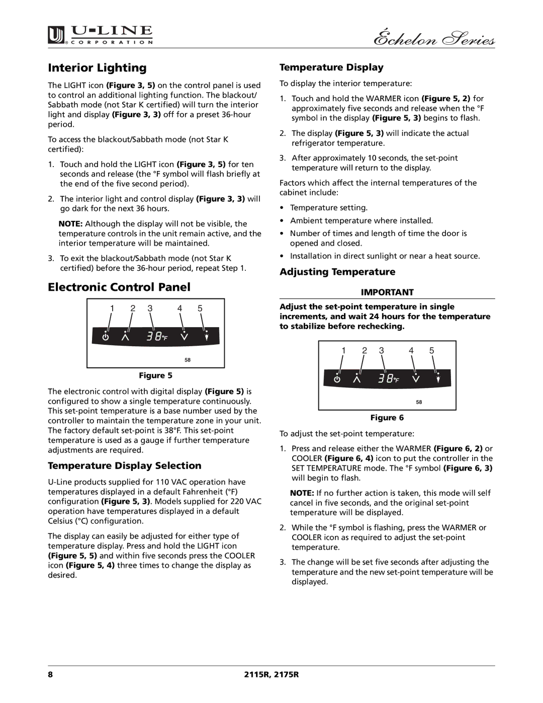 U-Line 2115R manual Interior Lighting, Electronic Control Panel, Temperature Display Selection, Adjusting Temperature 