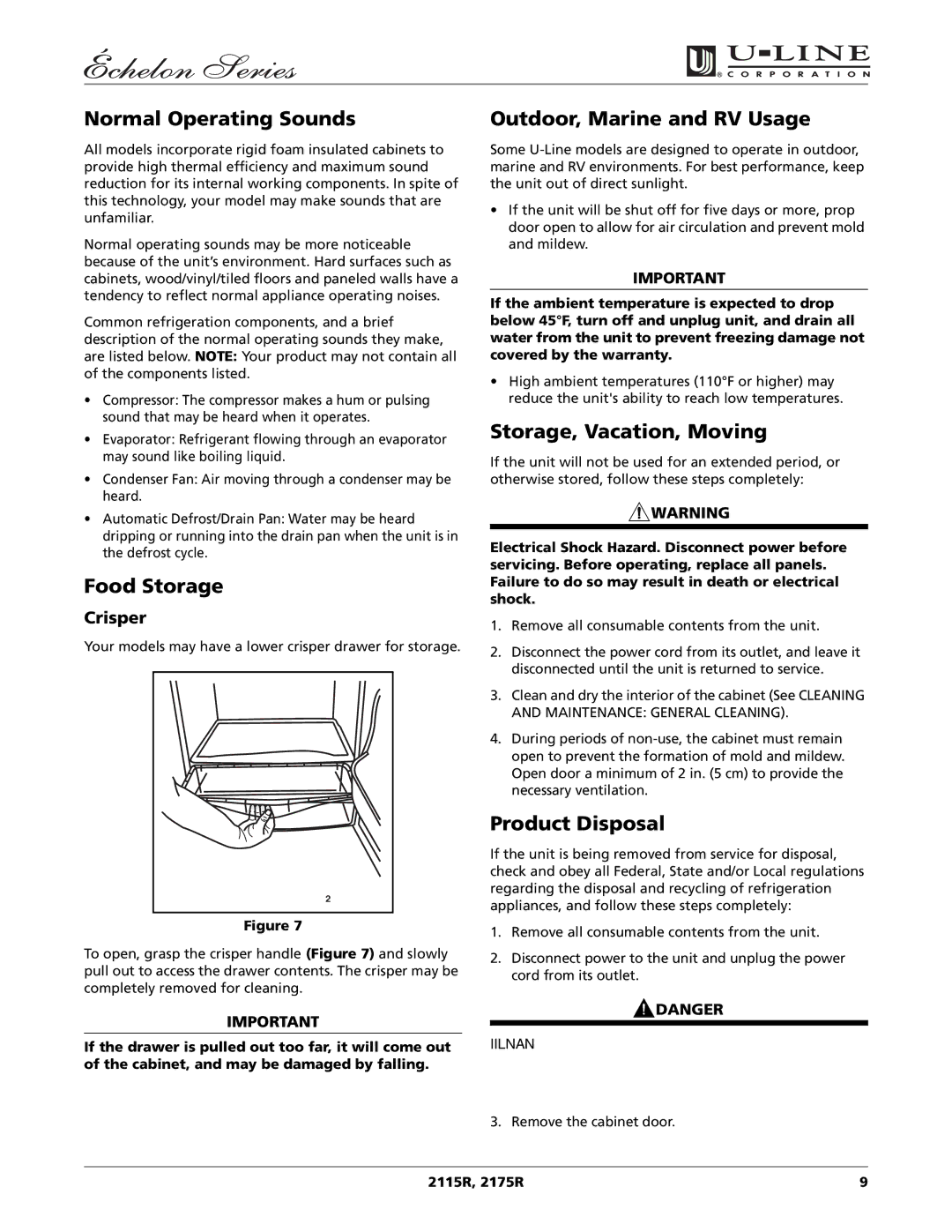 U-Line 2115R manual Normal Operating Sounds, Food Storage, Outdoor, Marine and RV Usage, Storage, Vacation, Moving 