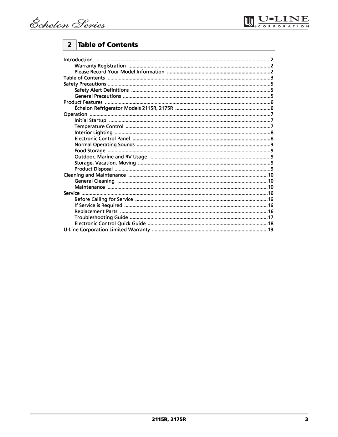 U-Line manual Table of Contents, 2115R, 2175R 