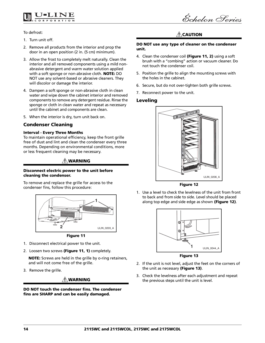 U-Line 2115WC manual Condenser Cleaning, Interval Every Three Months 