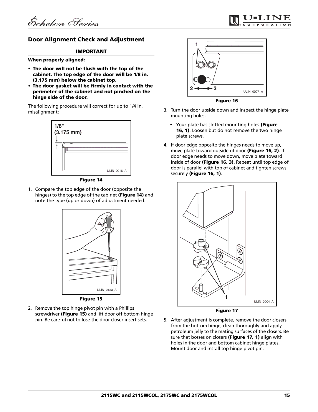 U-Line 2115WC manual Door Alignment Check and Adjustment, 175 mm 