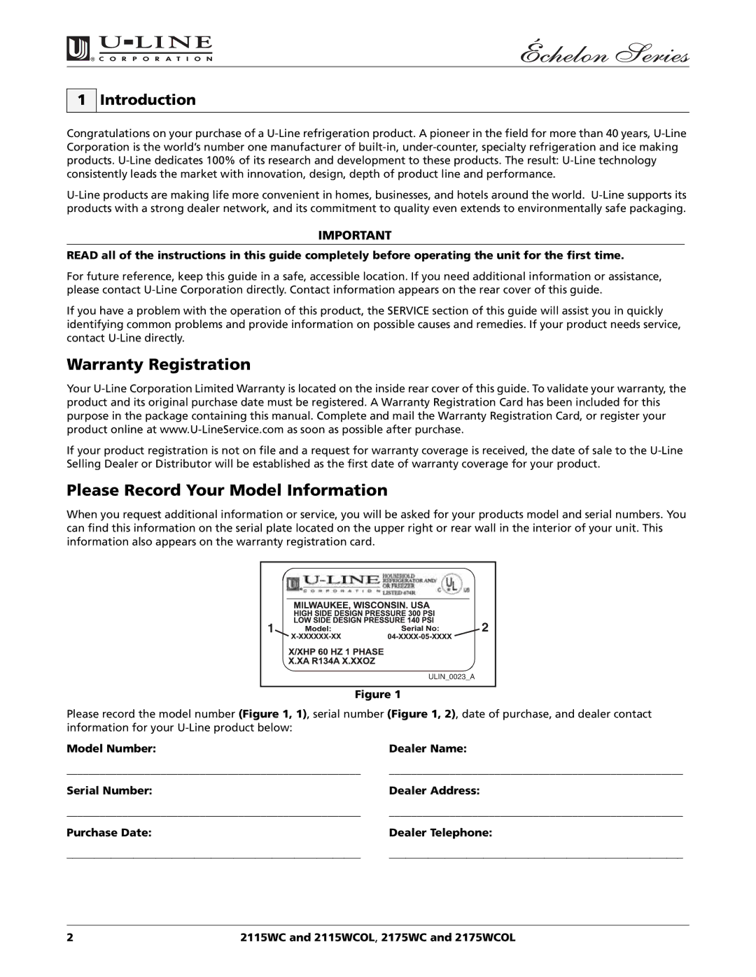 U-Line 2115WC manual Warranty Registration, Please Record Your Model Information, Introduction 