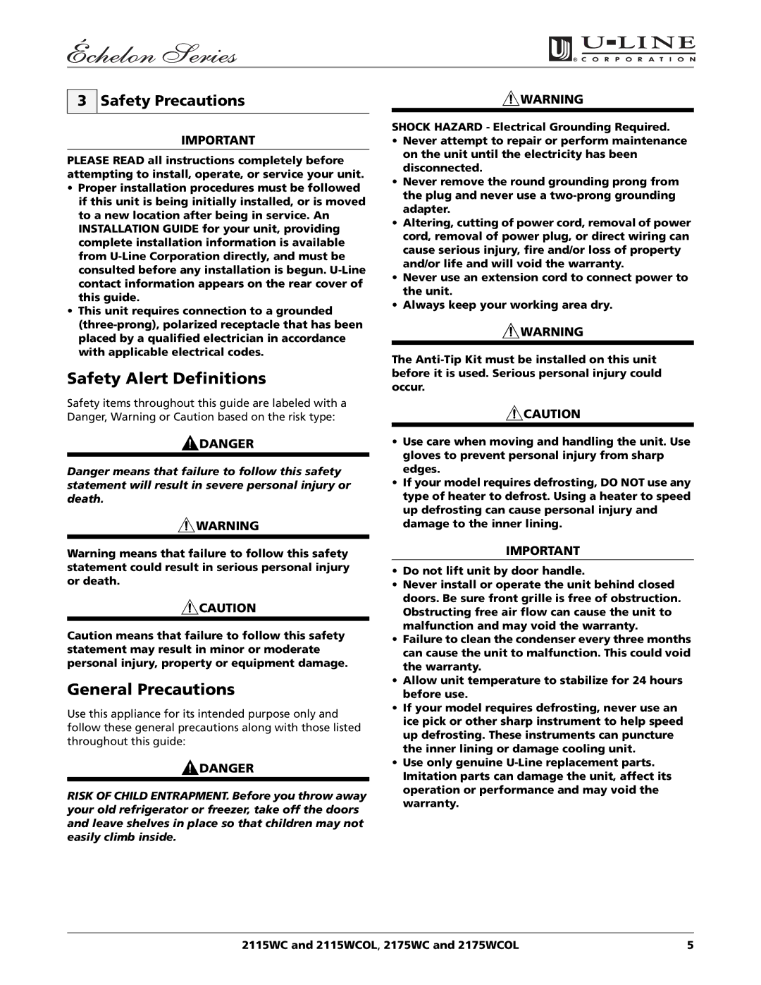 U-Line 2115WC manual Safety Alert Definitions, General Precautions, Safety Precautions 