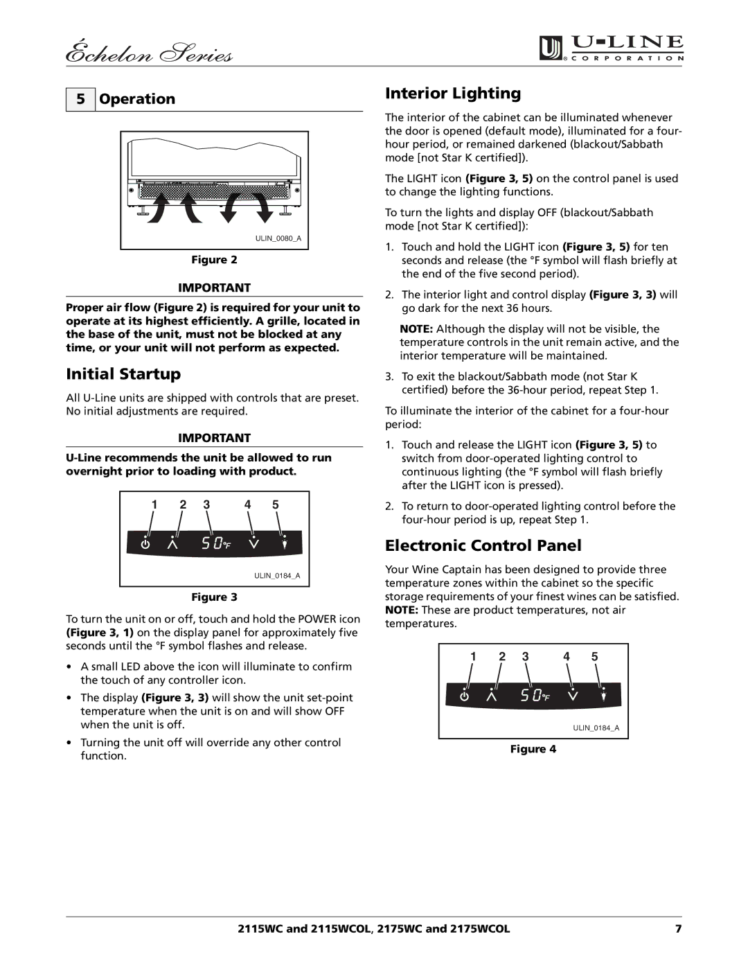 U-Line 2115WC manual Initial Startup, Interior Lighting, Electronic Control Panel, Operation 