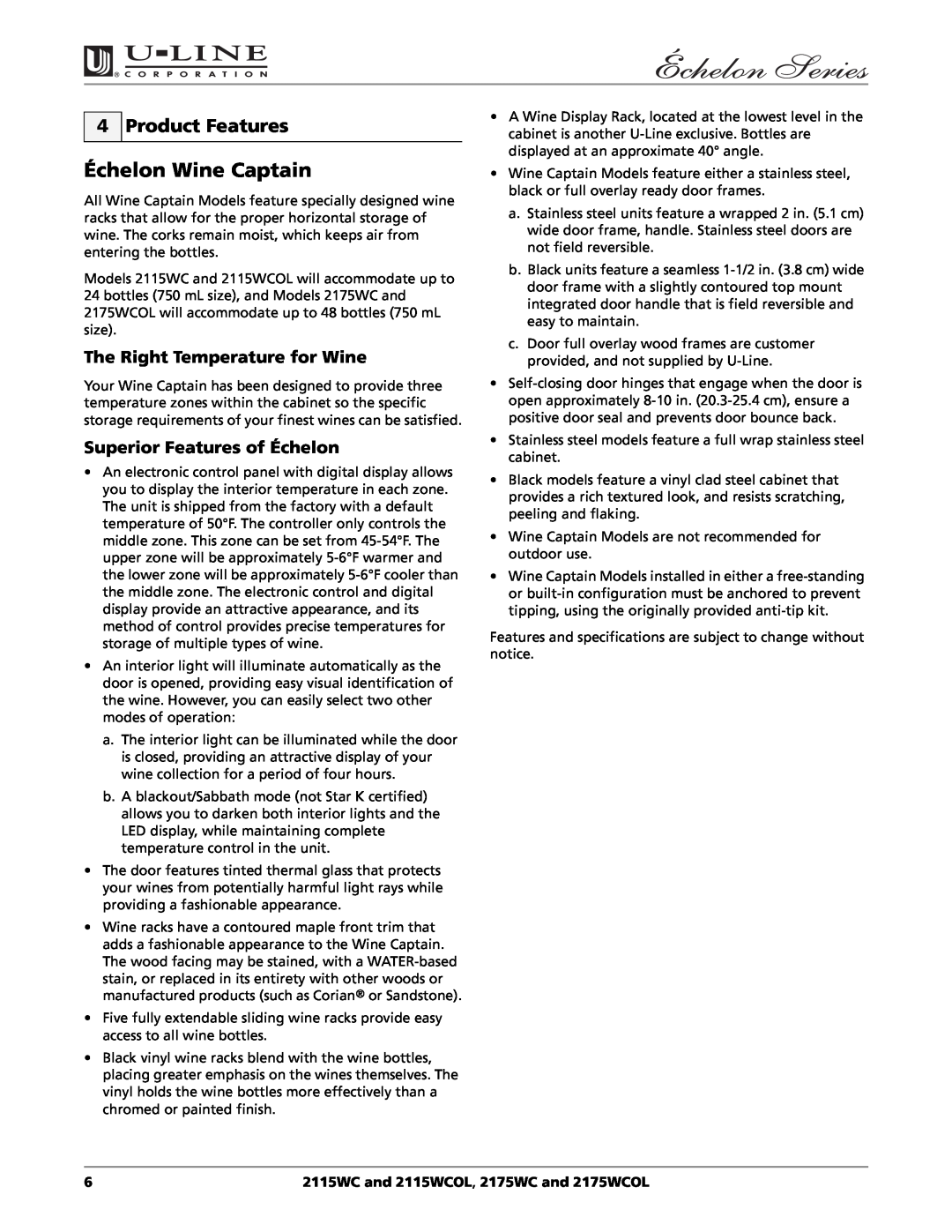U-Line 2115WC manual Échelon Wine Captain, Product Features, The Right Temperature for Wine, Superior Features of Échelon 