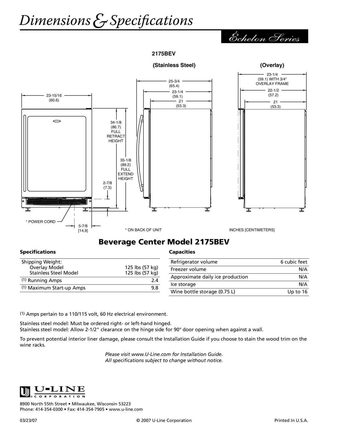 U-Line manual Dimensions &Speciﬁcations, Beverage Center Model 2175BEV, Stainless Steel, Overlay 