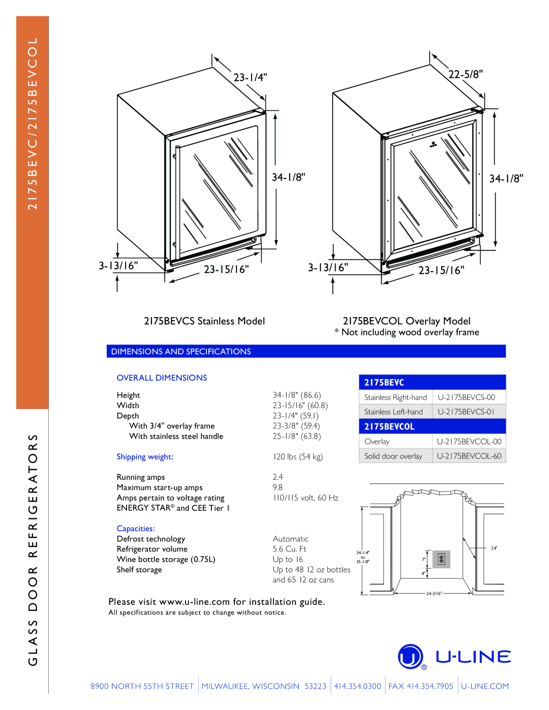 U-Line 2175BEVC manual Overall Dimensions, Shipping weight, Capacities 