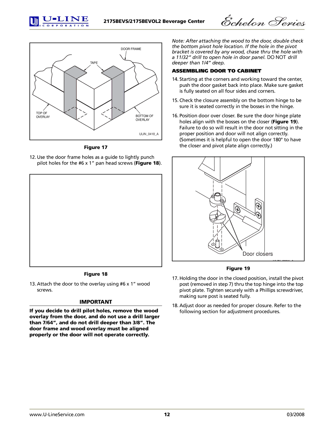 U-Line 2175BEVOL2 manual Door closers, Assembling Door to Cabinet 