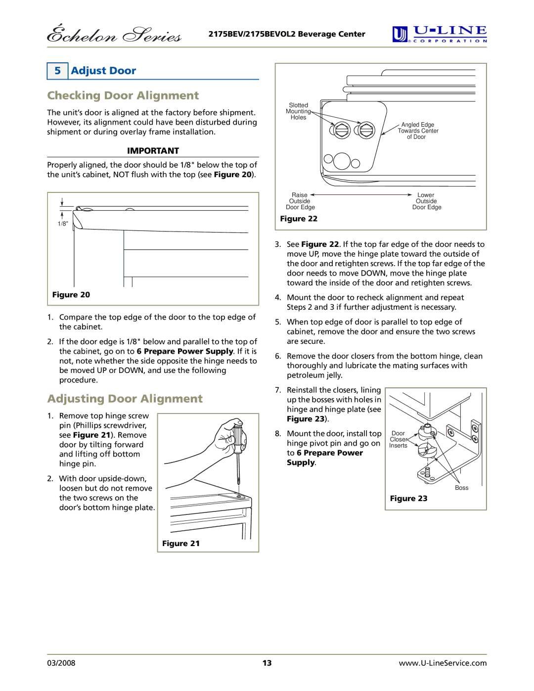 U-Line 2175BEVOL2 manual Checking Door Alignment, Adjusting Door Alignment, Adjust Door 