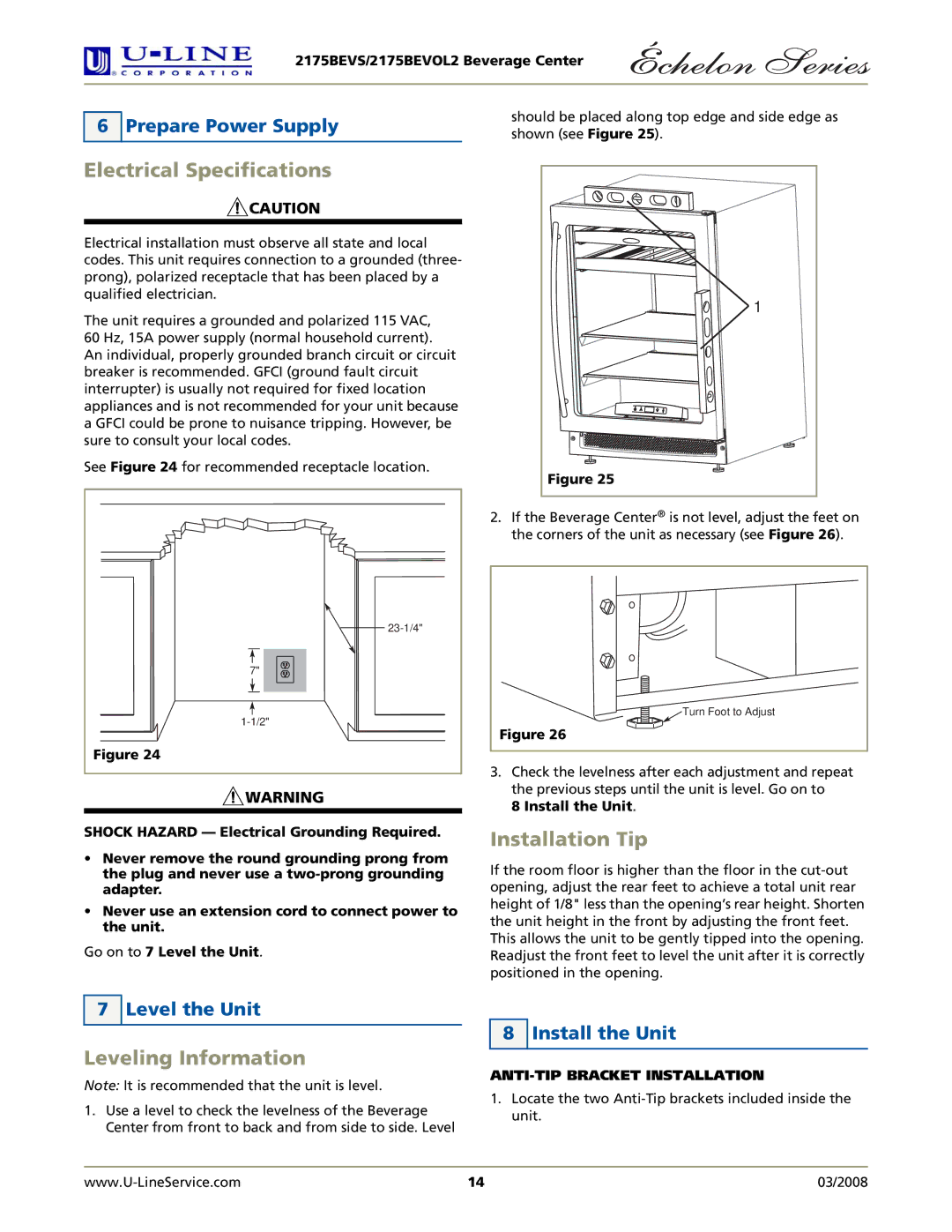 U-Line 2175BEVOL2 manual Electrical Specifications, Installation Tip, Leveling Information 