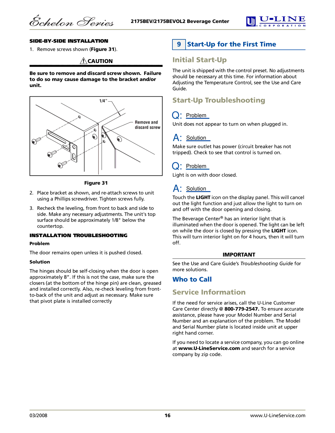 U-Line 2175BEVOL2 manual Initial Start-Up, Start-Up Troubleshooting, Service Information, Start-Up for the First Time 